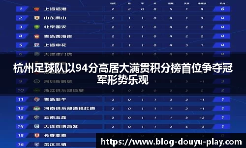 杭州足球队以94分高居大满贯积分榜首位争夺冠军形势乐观